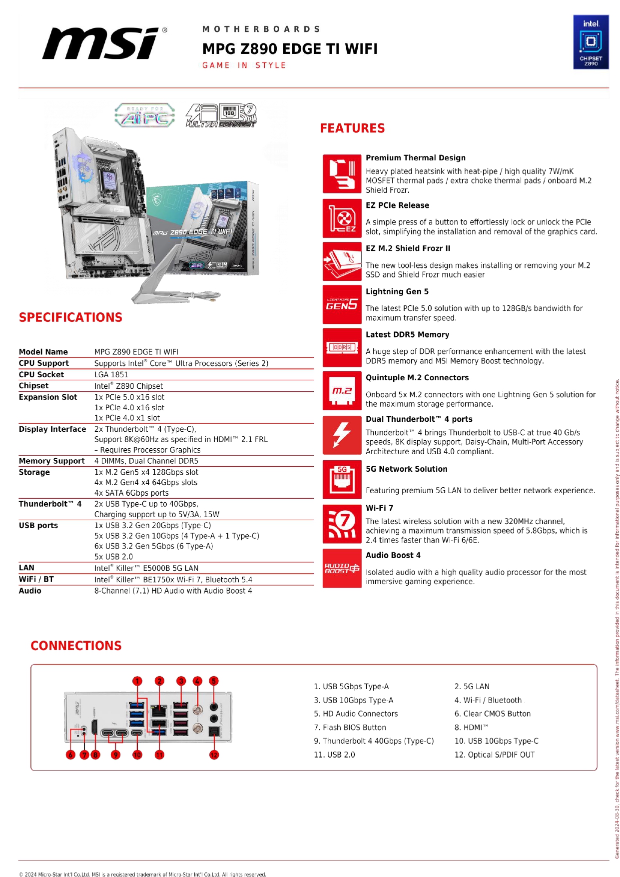 A large marketing image providing additional information about the product MSI MPG Z890 Edge TI WiFi LGA1851 ATX Desktop Motherboard - Additional alt info not provided